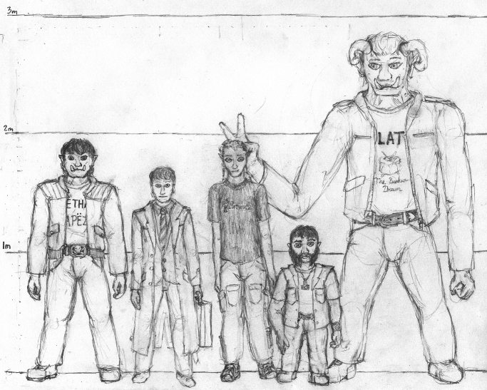 lineup of Shadowrun base metatypes to scale: Ork, 1.9m; Human, 1.7m; Elf, 1.9m; Dwarf, 1.2m; Troll, 2.8m